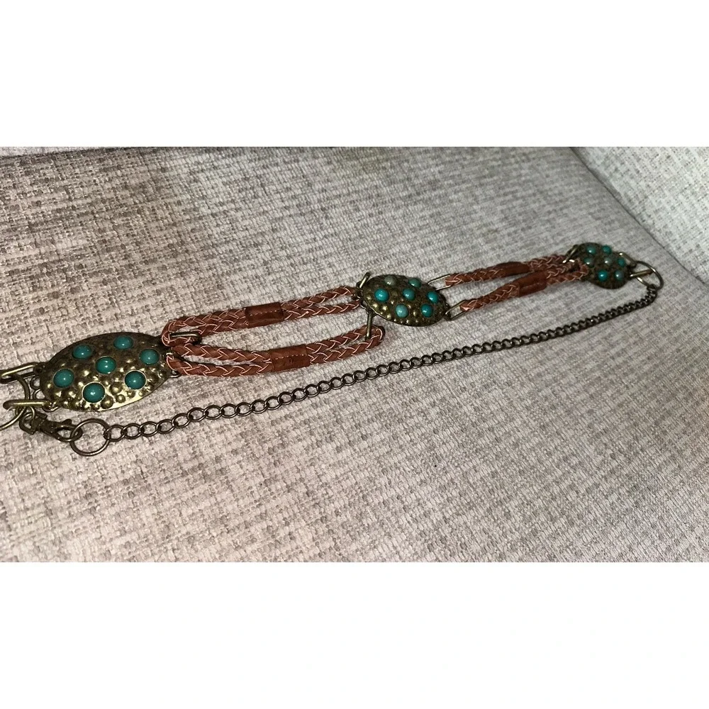 Chico's Belt Faux Turquoise Gem Gold Tone Link Adjustable Western Boho‎ Belt